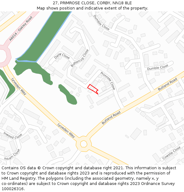 27, PRIMROSE CLOSE, CORBY, NN18 8LE: Location map and indicative extent of plot
