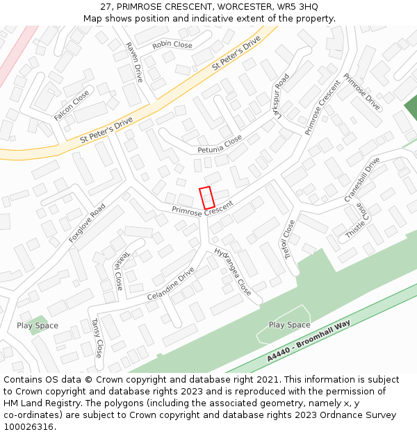 27, PRIMROSE CRESCENT, WORCESTER, WR5 3HQ: Location map and indicative extent of plot