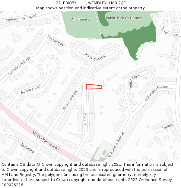 27, PRIORY HILL, WEMBLEY, HA0 2QF: Location map and indicative extent of plot