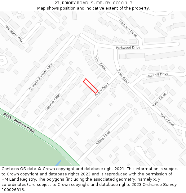 27, PRIORY ROAD, SUDBURY, CO10 1LB: Location map and indicative extent of plot