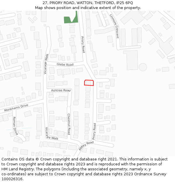 27, PRIORY ROAD, WATTON, THETFORD, IP25 6PQ: Location map and indicative extent of plot