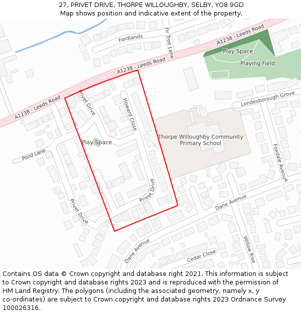 27, PRIVET DRIVE, THORPE WILLOUGHBY, SELBY, YO8 9GD: Location map and indicative extent of plot