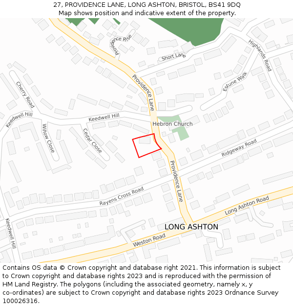 27, PROVIDENCE LANE, LONG ASHTON, BRISTOL, BS41 9DQ: Location map and indicative extent of plot