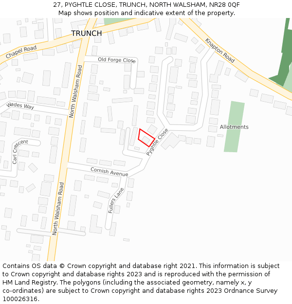 27, PYGHTLE CLOSE, TRUNCH, NORTH WALSHAM, NR28 0QF: Location map and indicative extent of plot