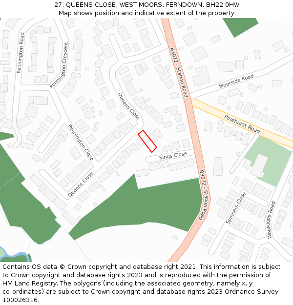 27, QUEENS CLOSE, WEST MOORS, FERNDOWN, BH22 0HW: Location map and indicative extent of plot