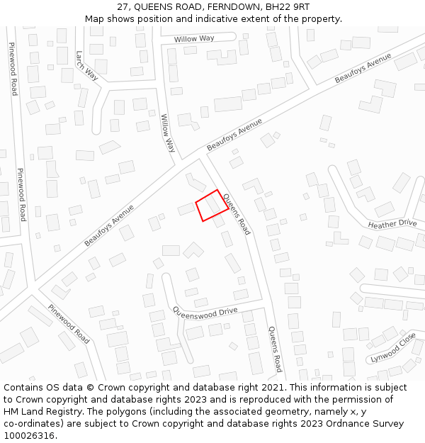 27, QUEENS ROAD, FERNDOWN, BH22 9RT: Location map and indicative extent of plot