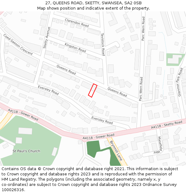 27, QUEENS ROAD, SKETTY, SWANSEA, SA2 0SB: Location map and indicative extent of plot