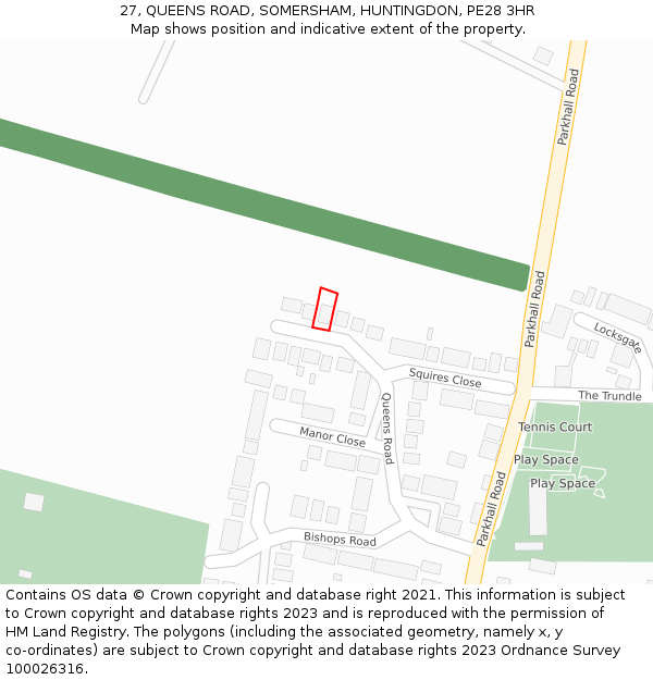 27, QUEENS ROAD, SOMERSHAM, HUNTINGDON, PE28 3HR: Location map and indicative extent of plot