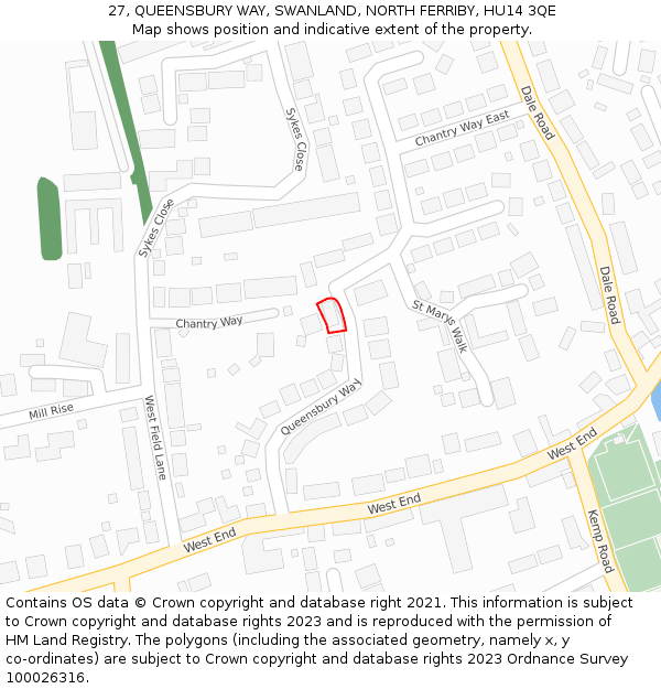27, QUEENSBURY WAY, SWANLAND, NORTH FERRIBY, HU14 3QE: Location map and indicative extent of plot