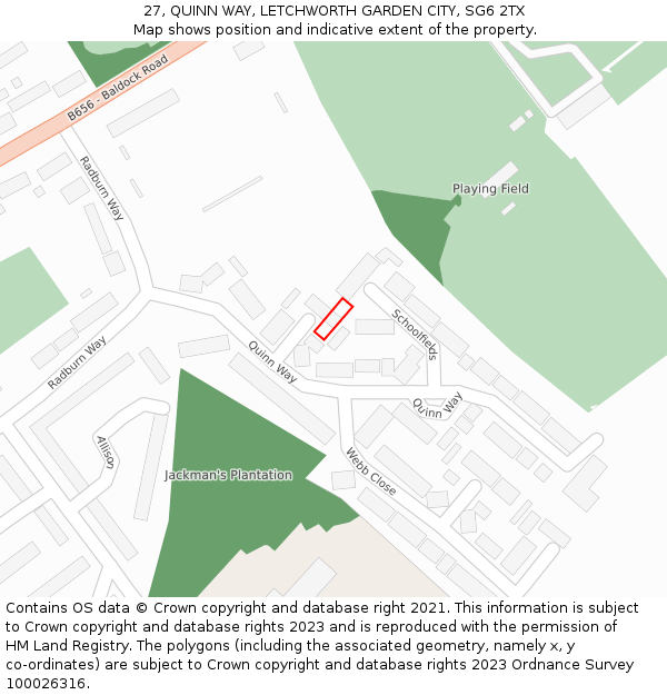 27, QUINN WAY, LETCHWORTH GARDEN CITY, SG6 2TX: Location map and indicative extent of plot
