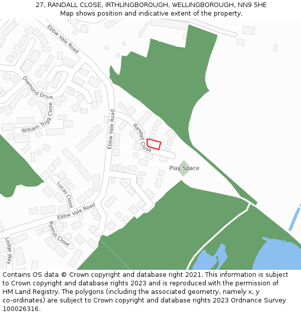 27, RANDALL CLOSE, IRTHLINGBOROUGH, WELLINGBOROUGH, NN9 5HE: Location map and indicative extent of plot