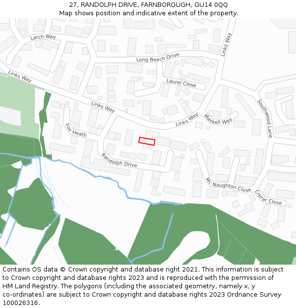27, RANDOLPH DRIVE, FARNBOROUGH, GU14 0QQ: Location map and indicative extent of plot