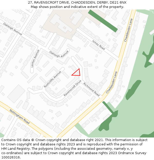 27, RAVENSCROFT DRIVE, CHADDESDEN, DERBY, DE21 6NX: Location map and indicative extent of plot