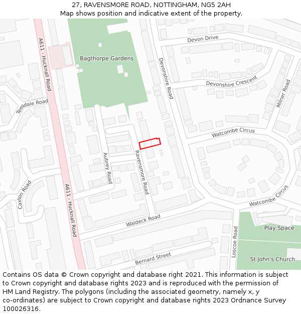27, RAVENSMORE ROAD, NOTTINGHAM, NG5 2AH: Location map and indicative extent of plot