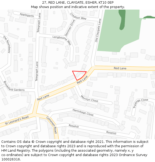 27, RED LANE, CLAYGATE, ESHER, KT10 0EP: Location map and indicative extent of plot