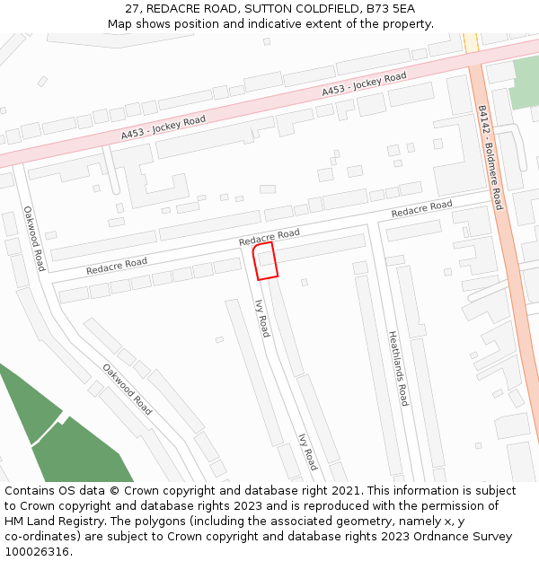 27, REDACRE ROAD, SUTTON COLDFIELD, B73 5EA: Location map and indicative extent of plot