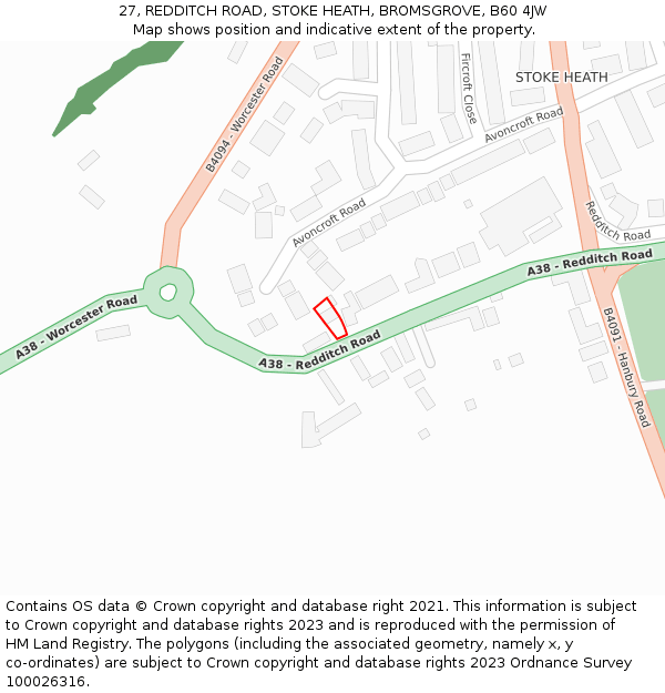 27, REDDITCH ROAD, STOKE HEATH, BROMSGROVE, B60 4JW: Location map and indicative extent of plot