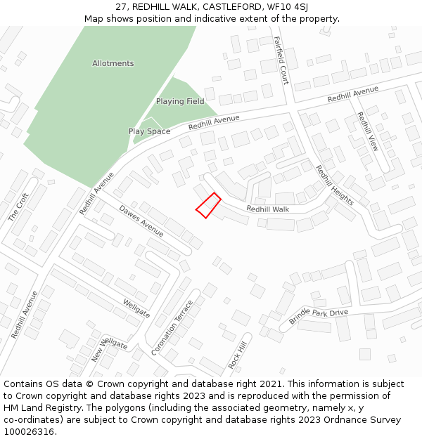 27, REDHILL WALK, CASTLEFORD, WF10 4SJ: Location map and indicative extent of plot