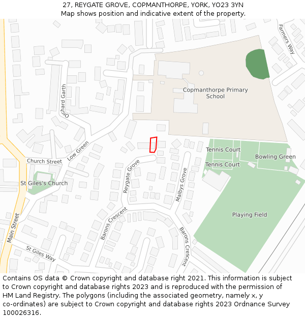 27, REYGATE GROVE, COPMANTHORPE, YORK, YO23 3YN: Location map and indicative extent of plot