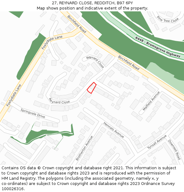 27, REYNARD CLOSE, REDDITCH, B97 6PY: Location map and indicative extent of plot