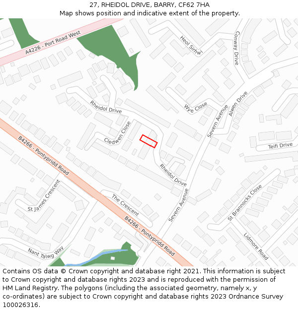 27, RHEIDOL DRIVE, BARRY, CF62 7HA: Location map and indicative extent of plot