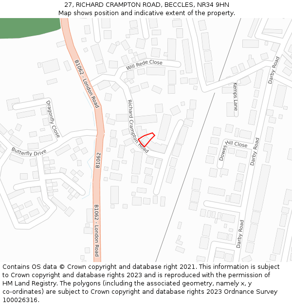 27, RICHARD CRAMPTON ROAD, BECCLES, NR34 9HN: Location map and indicative extent of plot