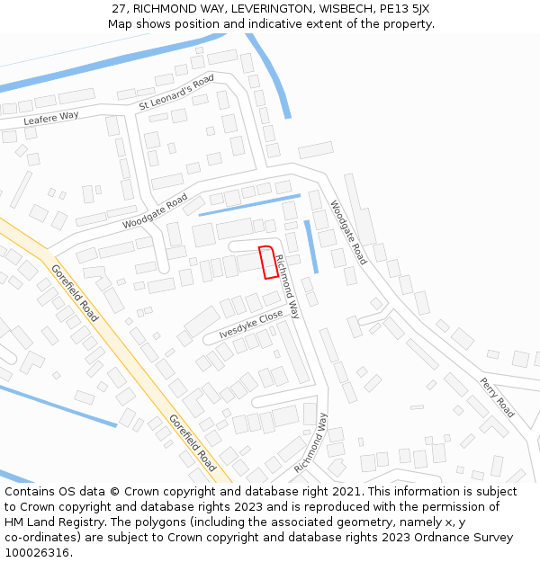 27, RICHMOND WAY, LEVERINGTON, WISBECH, PE13 5JX: Location map and indicative extent of plot