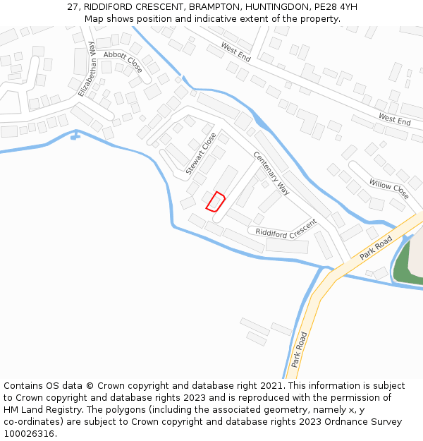 27, RIDDIFORD CRESCENT, BRAMPTON, HUNTINGDON, PE28 4YH: Location map and indicative extent of plot