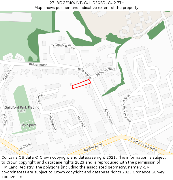 27, RIDGEMOUNT, GUILDFORD, GU2 7TH: Location map and indicative extent of plot