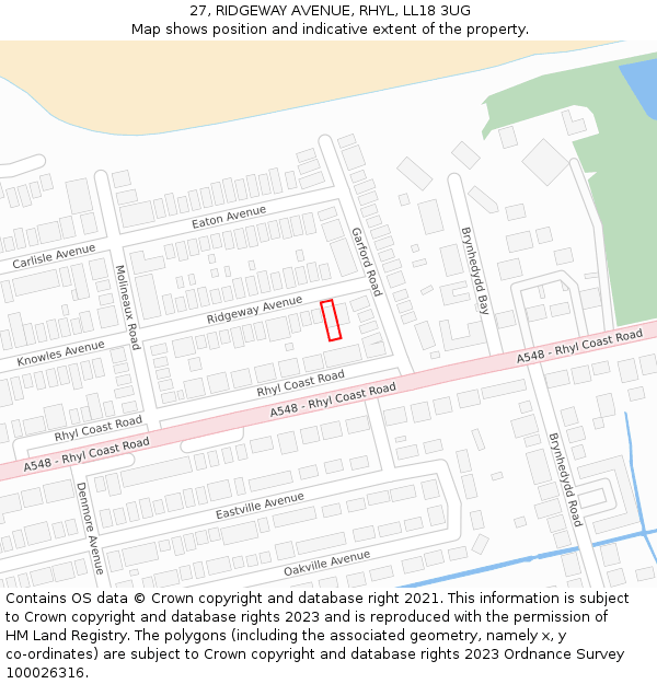 27, RIDGEWAY AVENUE, RHYL, LL18 3UG: Location map and indicative extent of plot