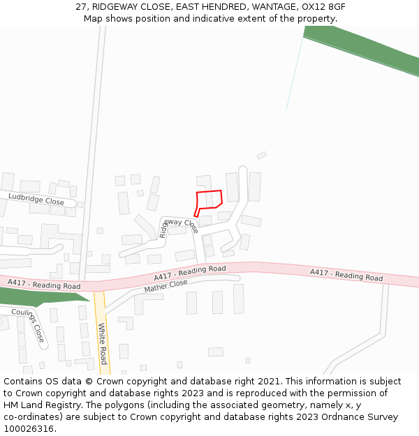 27, RIDGEWAY CLOSE, EAST HENDRED, WANTAGE, OX12 8GF: Location map and indicative extent of plot