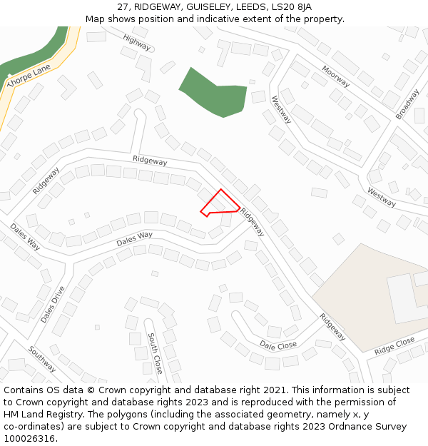 27, RIDGEWAY, GUISELEY, LEEDS, LS20 8JA: Location map and indicative extent of plot