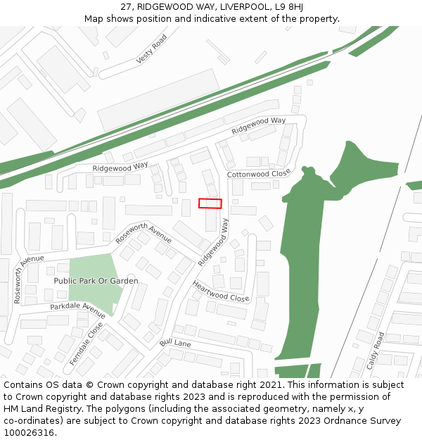 27, RIDGEWOOD WAY, LIVERPOOL, L9 8HJ: Location map and indicative extent of plot