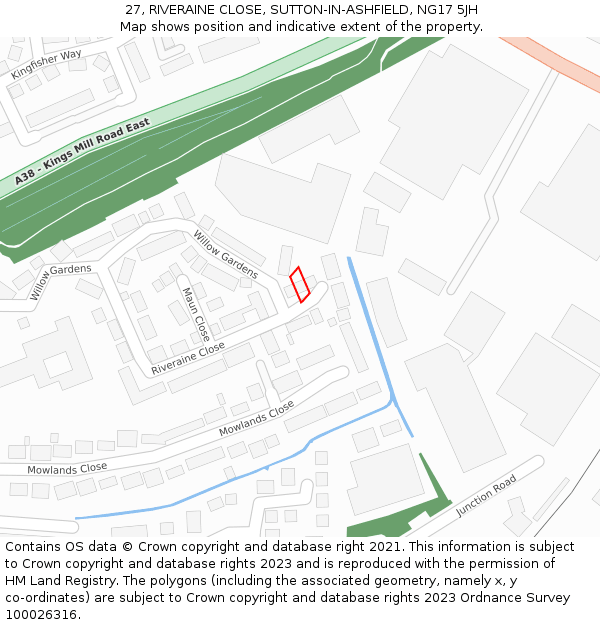 27, RIVERAINE CLOSE, SUTTON-IN-ASHFIELD, NG17 5JH: Location map and indicative extent of plot