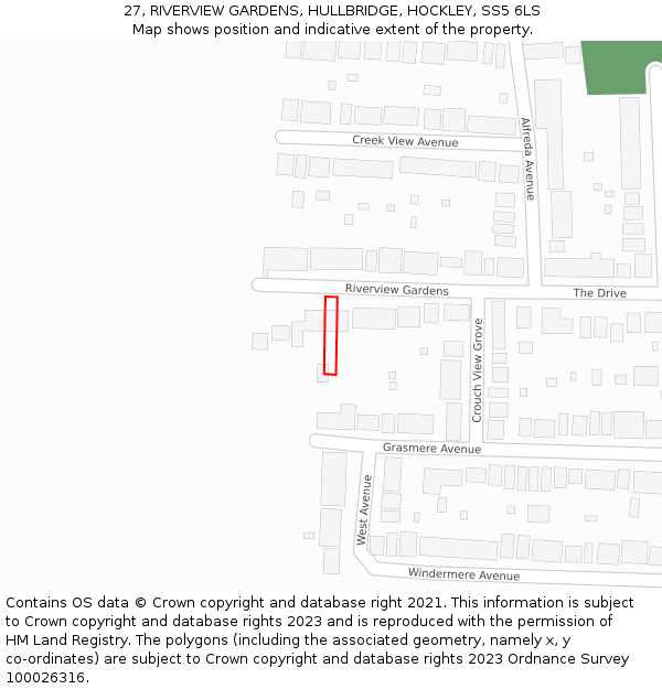27, RIVERVIEW GARDENS, HULLBRIDGE, HOCKLEY, SS5 6LS: Location map and indicative extent of plot