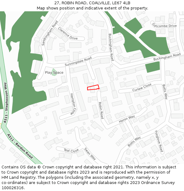 27, ROBIN ROAD, COALVILLE, LE67 4LB: Location map and indicative extent of plot