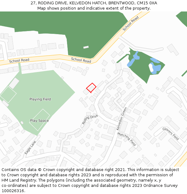 27, RODING DRIVE, KELVEDON HATCH, BRENTWOOD, CM15 0XA: Location map and indicative extent of plot