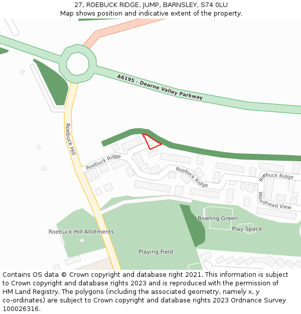 27, ROEBUCK RIDGE, JUMP, BARNSLEY, S74 0LU: Location map and indicative extent of plot