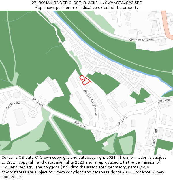 27, ROMAN BRIDGE CLOSE, BLACKPILL, SWANSEA, SA3 5BE: Location map and indicative extent of plot