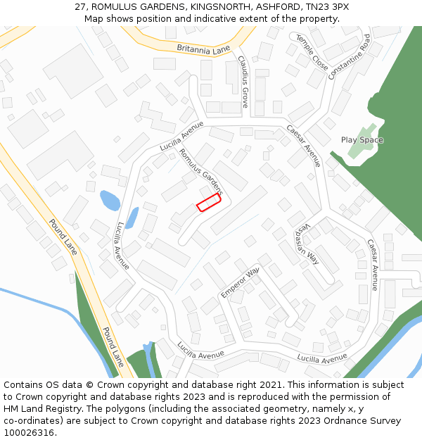 27, ROMULUS GARDENS, KINGSNORTH, ASHFORD, TN23 3PX: Location map and indicative extent of plot