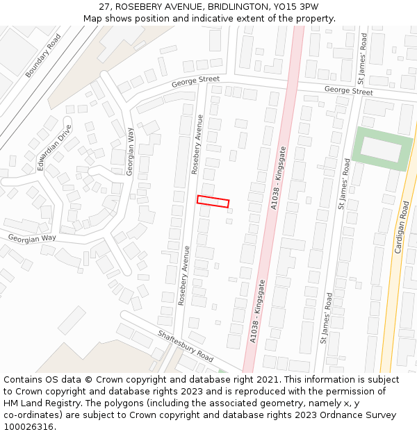 27, ROSEBERY AVENUE, BRIDLINGTON, YO15 3PW: Location map and indicative extent of plot