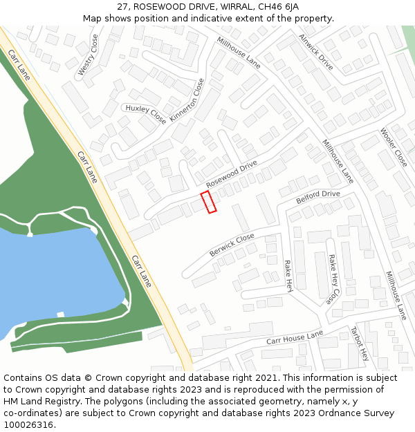 27, ROSEWOOD DRIVE, WIRRAL, CH46 6JA: Location map and indicative extent of plot