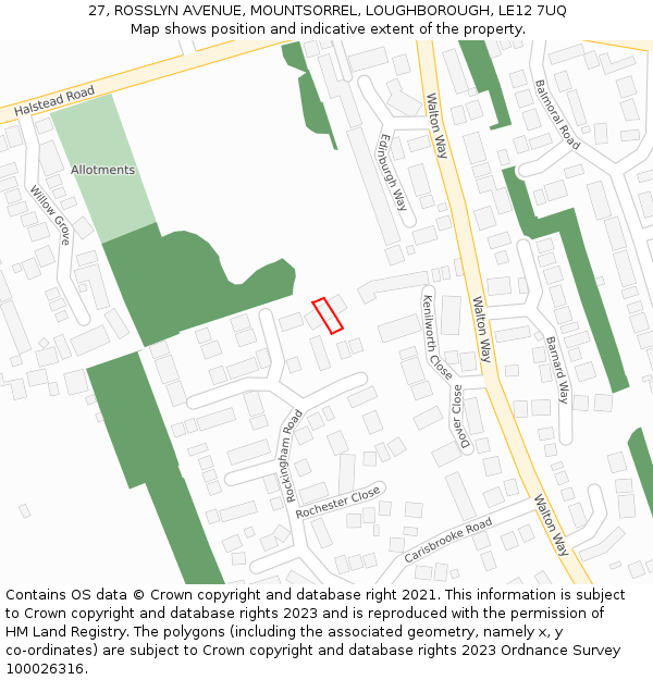 27, ROSSLYN AVENUE, MOUNTSORREL, LOUGHBOROUGH, LE12 7UQ: Location map and indicative extent of plot