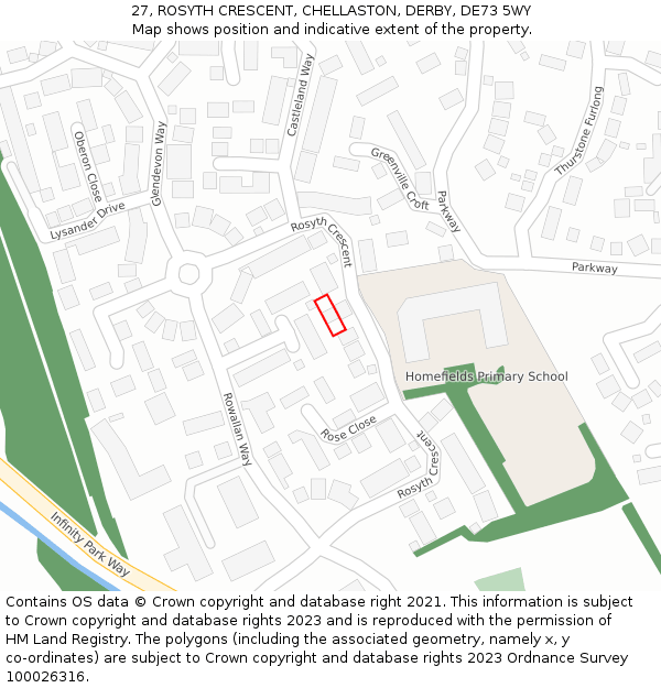 27, ROSYTH CRESCENT, CHELLASTON, DERBY, DE73 5WY: Location map and indicative extent of plot