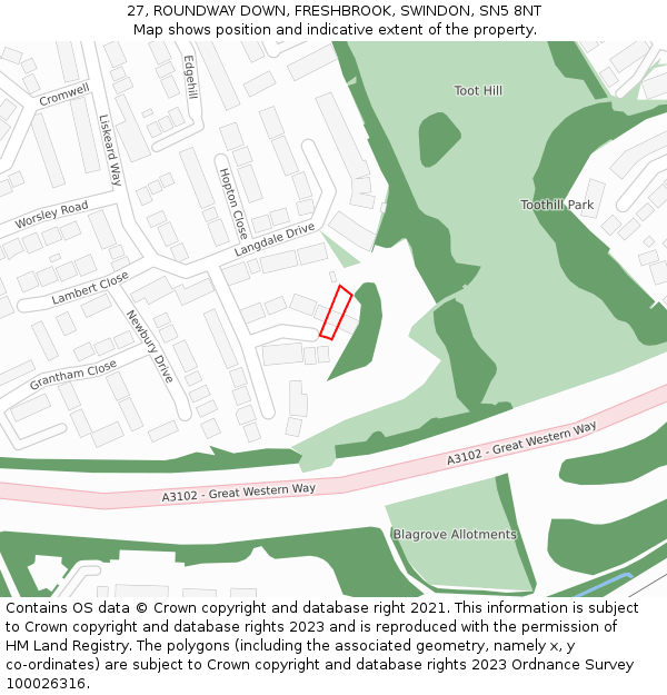 27, ROUNDWAY DOWN, FRESHBROOK, SWINDON, SN5 8NT: Location map and indicative extent of plot