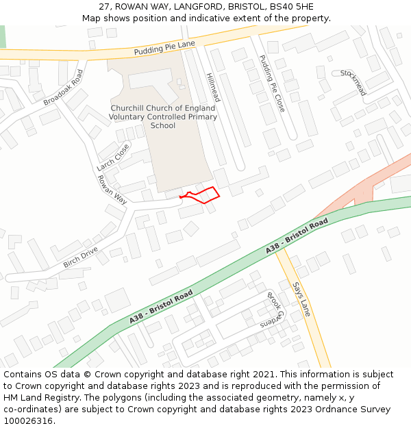 27, ROWAN WAY, LANGFORD, BRISTOL, BS40 5HE: Location map and indicative extent of plot