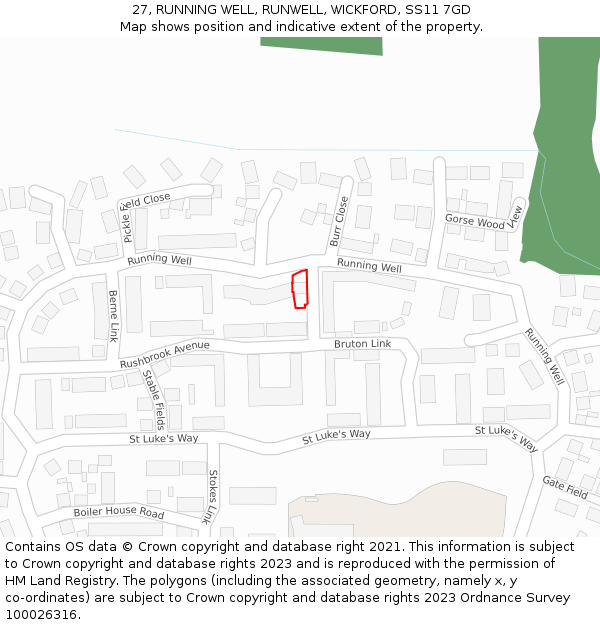 27, RUNNING WELL, RUNWELL, WICKFORD, SS11 7GD: Location map and indicative extent of plot