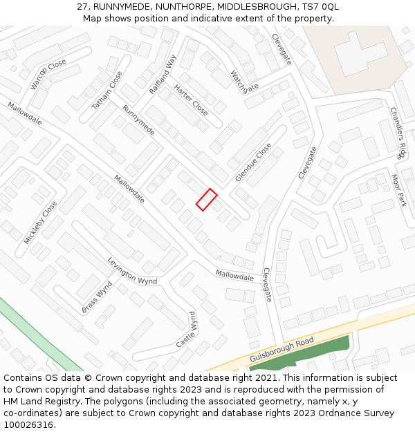 27, RUNNYMEDE, NUNTHORPE, MIDDLESBROUGH, TS7 0QL: Location map and indicative extent of plot