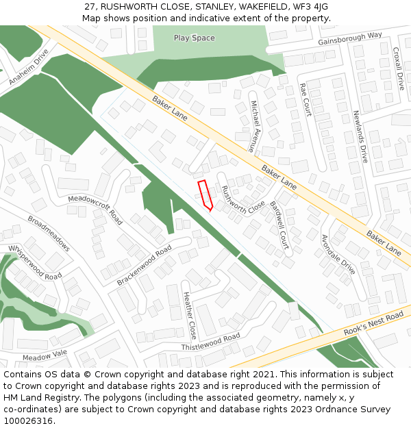 27, RUSHWORTH CLOSE, STANLEY, WAKEFIELD, WF3 4JG: Location map and indicative extent of plot