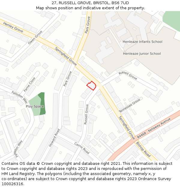 27, RUSSELL GROVE, BRISTOL, BS6 7UD: Location map and indicative extent of plot